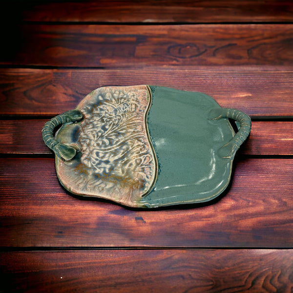 Oblong Tray with handles Green Glaze