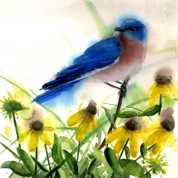 Bluebird and Black Eyed Susans ~ Original  watercolor