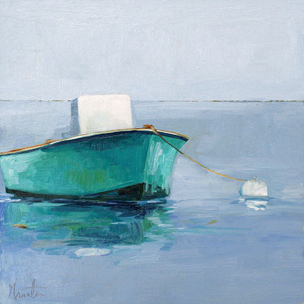painting of anchored boat in calm water