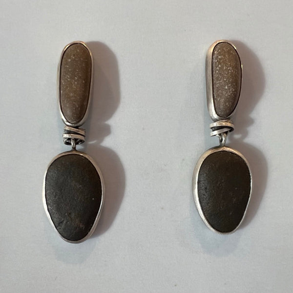 Sterling Sliver Double Bezel Sandstone and Basalt Earrings