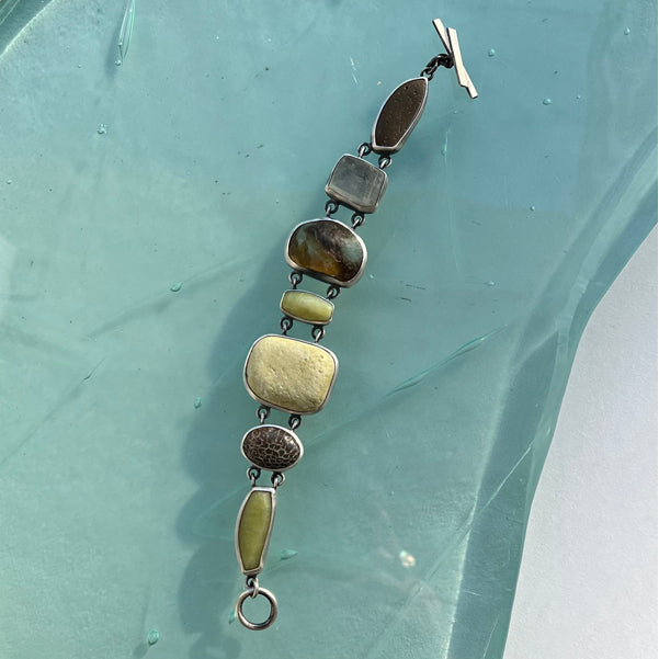 Large River Rock Bezel Link Bracelet with New Jade, Agate and African Glass Beads