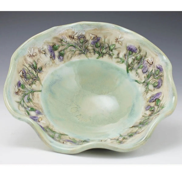 Xsmall  bowl with blue glaze, thistle and honeybee/ Wavy Rim