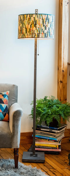 Steel Floor Lamp with Large Drum Shade in Papers