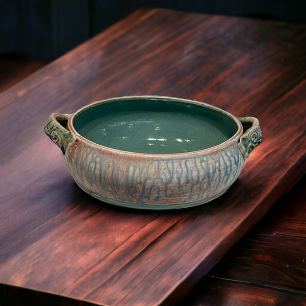 Pasta Bowl with Handles Green Glaze