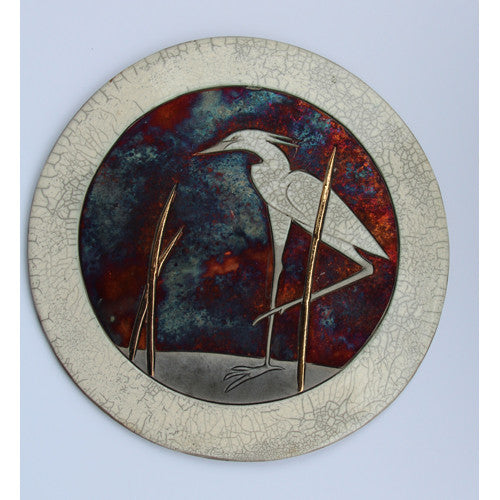 Egret I Border Raku Wall Plaque