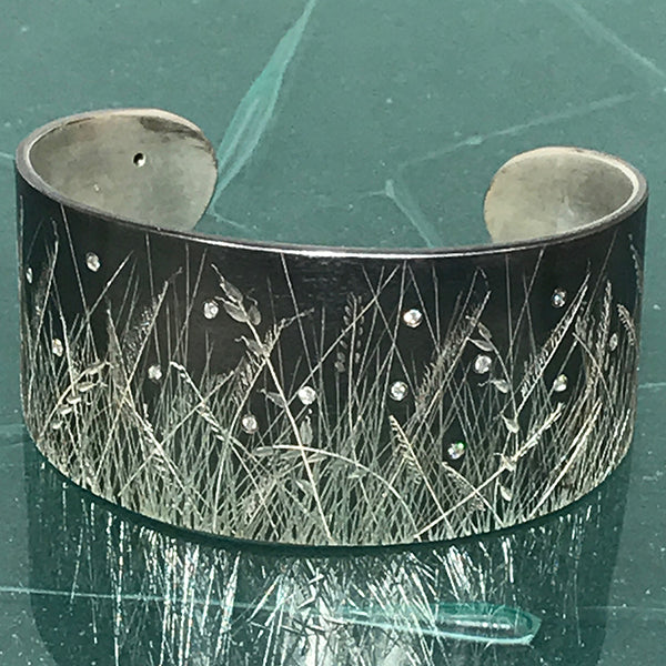 Oxidized Fine Silver Meadow Grass Cuff with 16 diamond fireflies