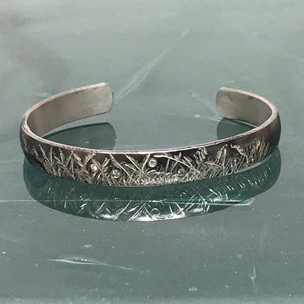 Meadow Grass 8mm Oxidized Cuff w/ 4 Diamonds .05 tw