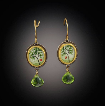 Gold Tiny Oval Spring Maple Earrings with Peridot Drop
