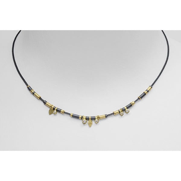 5 Diamond Drop Necklace in Oxidized Sterling Silver and 18k Yellow Gold