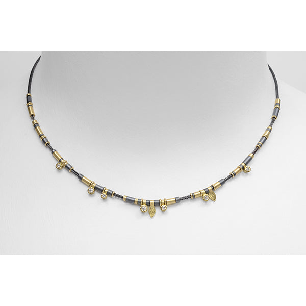 7 Diamond Drop Necklace with Oxidized Sterling Silver and 18k Yellow Gold
