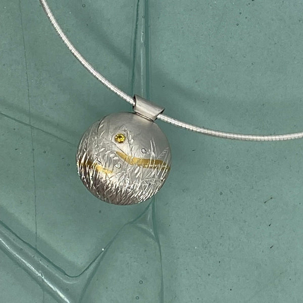 Reversible Day & Night Round Meadow Grass  with diamond Firefies Pendant