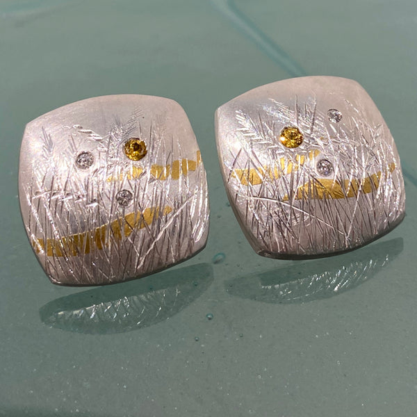 Square Dawn  Meadow Grass Earrings with diamond  and yellow sapphire Firefies