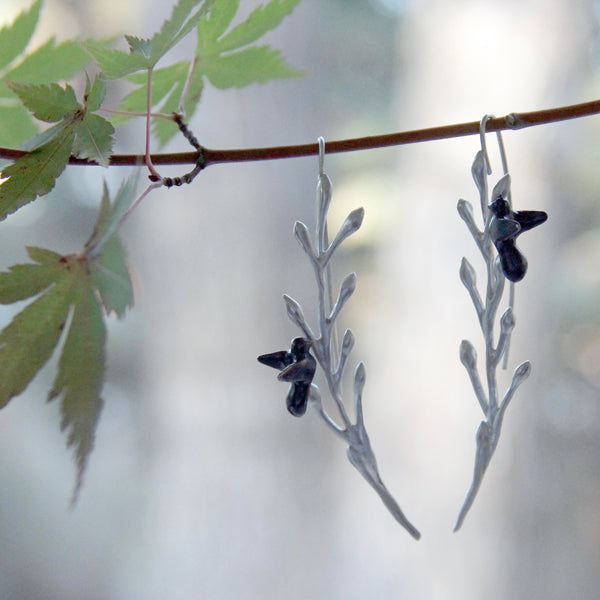 Birds Sitting on Long Leaves Earrings