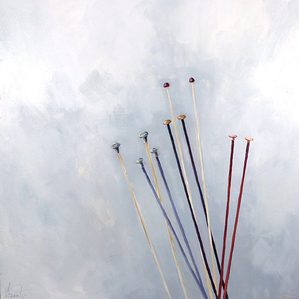 painting of five pairs of knitting needles