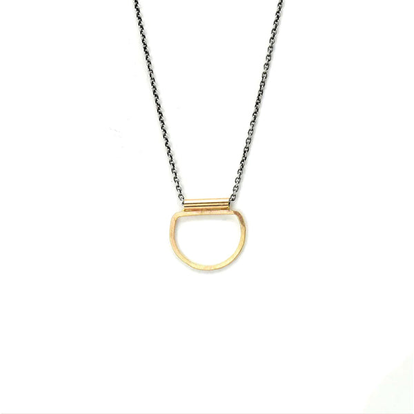 14kt goldfill semi circle on oxidized chain necklace