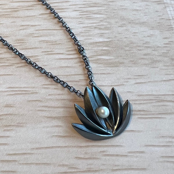 LOTUS PENDANT - Oxidized Sterling Silver with white pearl