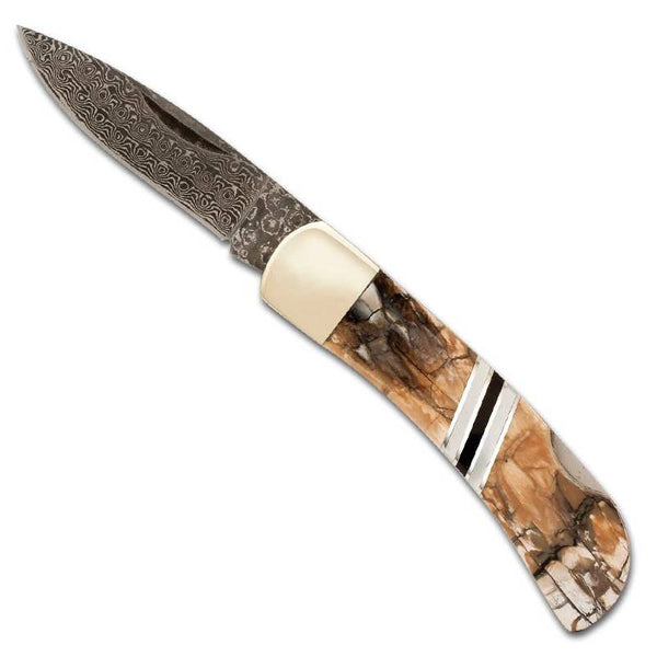 Mammoth Tusk Damascus Steel 3" Lockback Knife