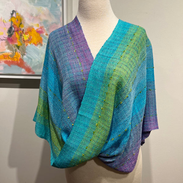 Mobius Shawl in Turquoise, Green, and Purple, Handwoven Rayon Yarn
