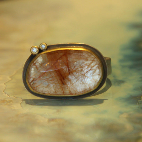 Rosecut rutilated quartz ring with diamonds, size 7