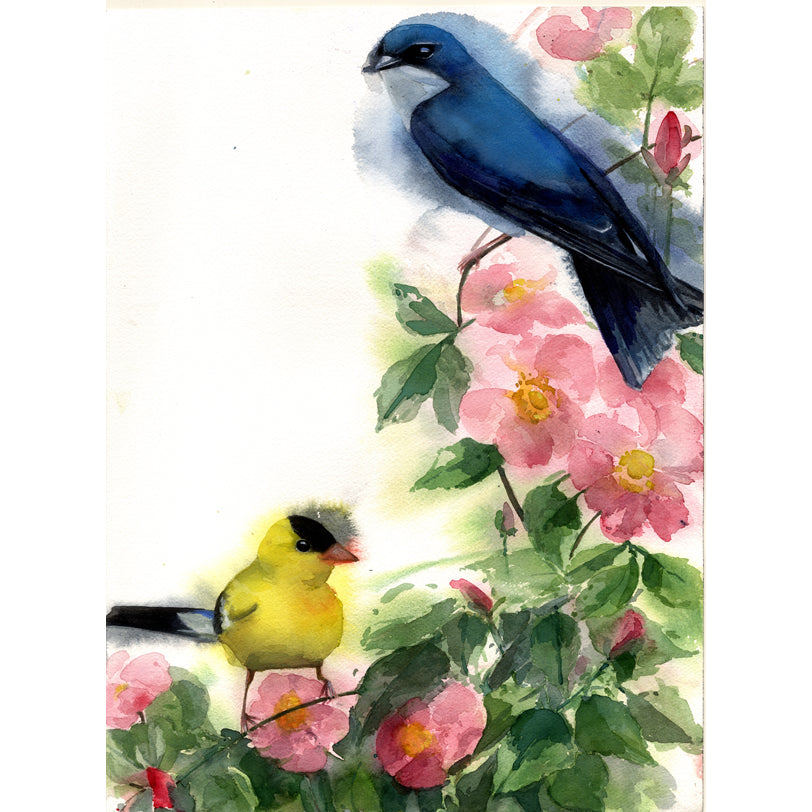 Songbirds in Rose Hips I ~ Original  watercolor