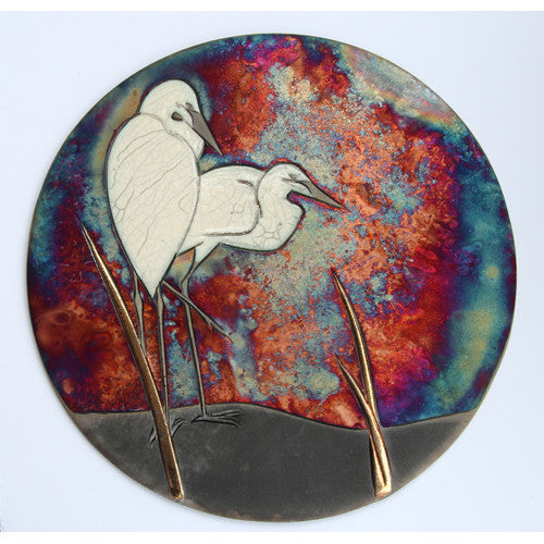 Two Egrets - Raku Wall Plaque