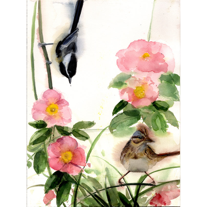 Songbirds in Rose Hips II ~ Original  watercolor
