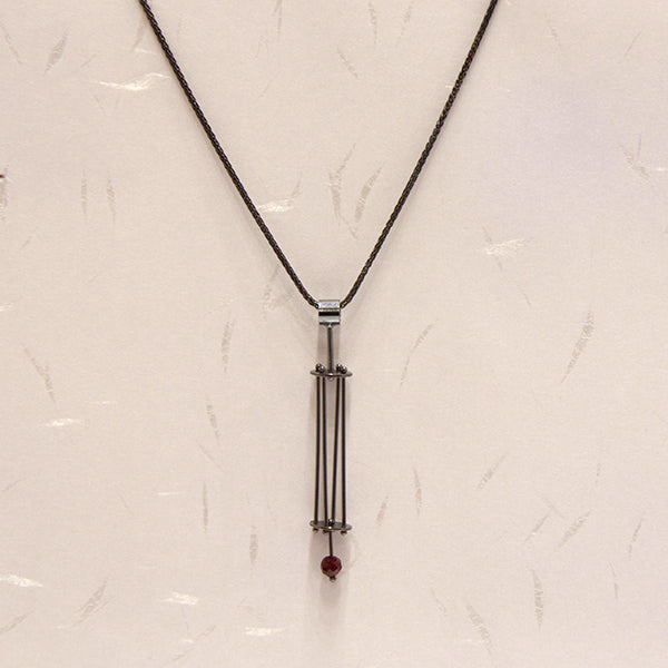 Cage Necklace with Oxidized Sterling and Garnet Beads