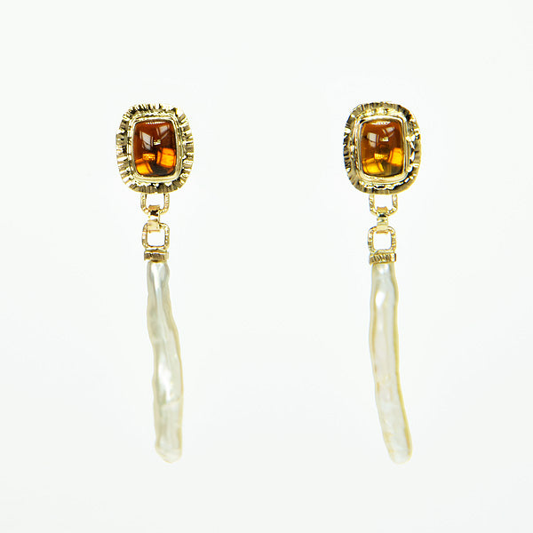 Amber Tourmaline & Freshwater Pearl Earrings